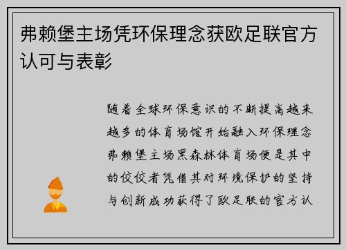 弗赖堡主场凭环保理念获欧足联官方认可与表彰